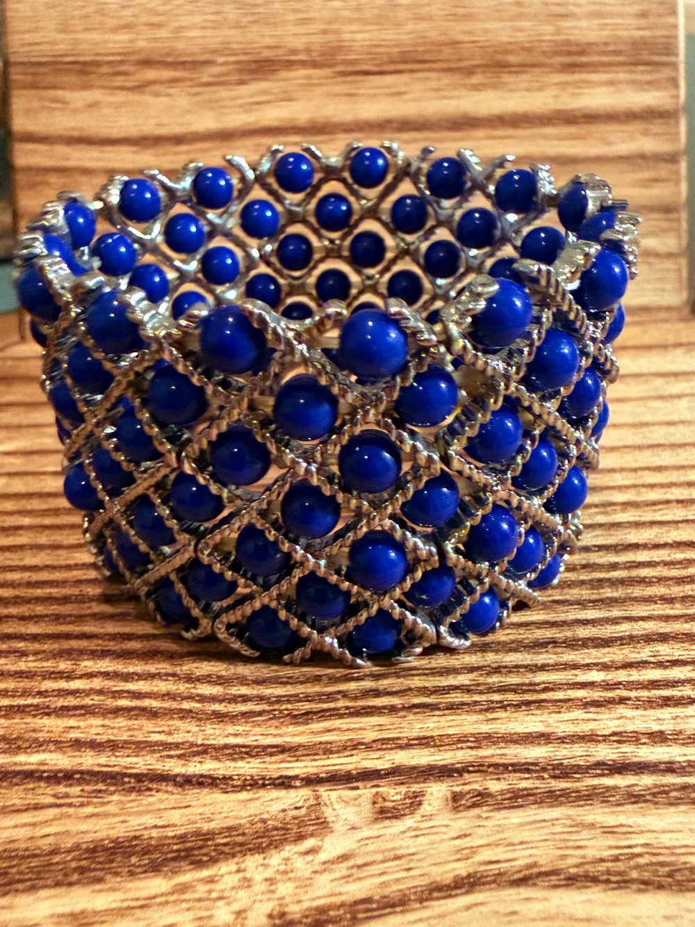 Vintage Cobalt Blue Beaded Gold Tone Wide Stretch Statement Bracelet